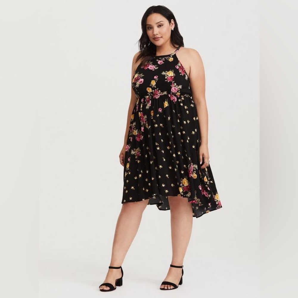 Torrid Midi Challis High Neck Dress Black Floral High Low Women’s Size 1X